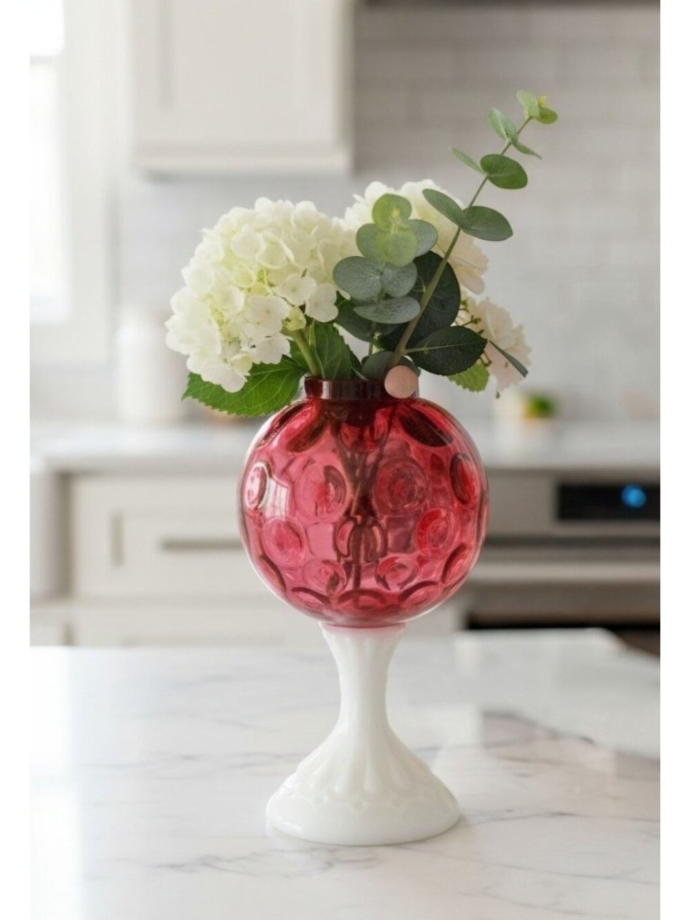 Vintage Fenton Cranberry Coin Dot Ivy Ball Glass Globe With Milk Glass Pedestal